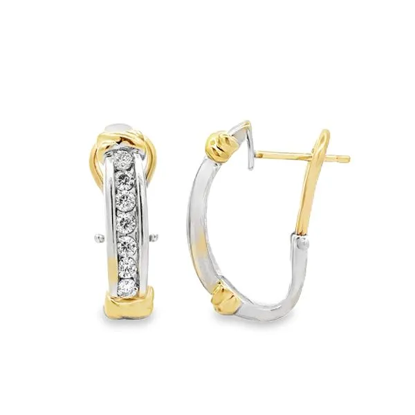 14K White And Yellow Gold Round Channel Set Diamond Omega Back Hoop Earrings Classic Creations In Diamonds & Gold Venice, FL
