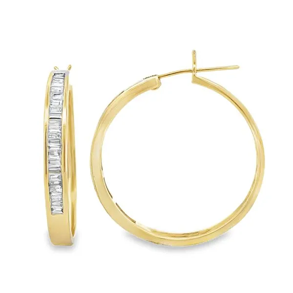 14K Yellow Gold Channel Set Baguette Diamond Hoop Earrings Image 2 Classic Creations In Diamonds & Gold Venice, FL