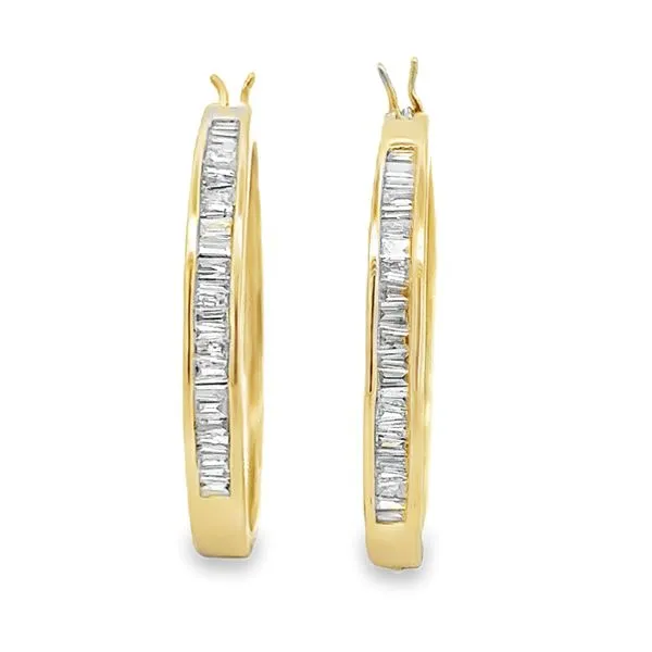 14K Yellow Gold Channel Set Baguette Diamond Hoop Earrings Classic Creations In Diamonds & Gold Venice, FL