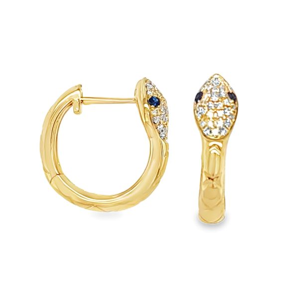 14K Yellow Gold Pave Diamond Snake Hinged Hoop Earrings with Sapphire Eyes | 0.26 CT | 2.24 DWT Image 2 Classic Creations In Diamonds & Gold Venice, FL
