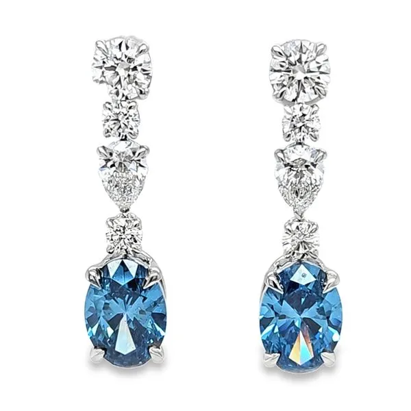 14K White Gold Lab-Grown 6ct. Oval Vivid Blue Oval Diamond, White Round Brilliant Cut Diamond And Pear Drop Diamond Earrings Classic Creations In Diamonds & Gold Venice, FL