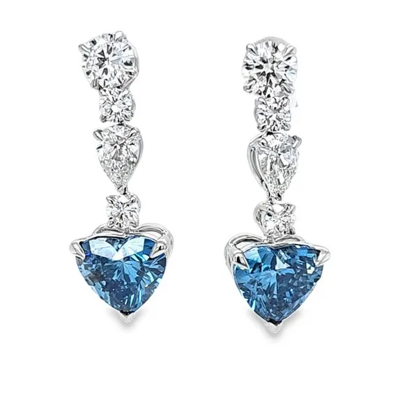 14K White Gold Lab-Grown Vivid Blue Heart Diamond, Round Brilliant Cut And Pear Diamond Drop Earrings Classic Creations In Diamonds & Gold Venice, FL