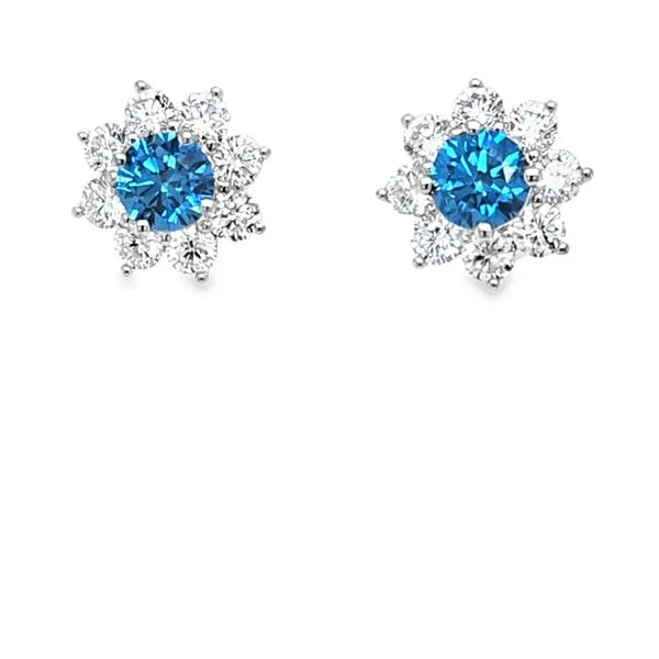 14K White Gold Lab-Grown 1.20ct. Vivid Blue And White Diamond Halo Cluster Earrings 2.65ct. TW 2.7 DWT. Classic Creations In Diamonds & Gold Venice, FL