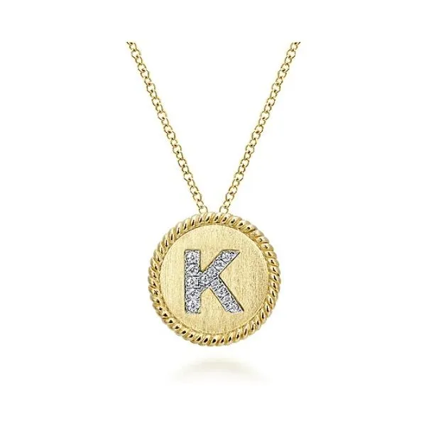 18 inch 14K Yellow White Gold Round Diamond K Initial Pendan