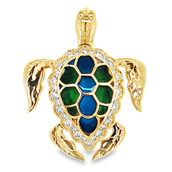 14K Yellow Gold Diamond and Transparent Enamel Turtle Pendant 0.24 CTW Classic Creations In Diamonds & Gold Venice, FL