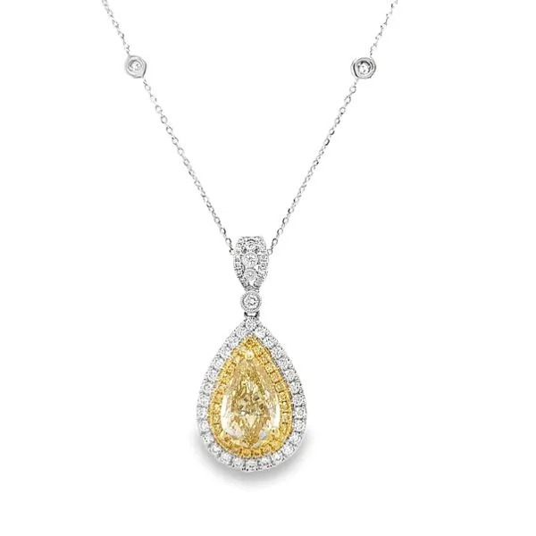 18K White Gold Yellow Pear Diamond, Yellow And White Diamond Halo Pendant Station Necklace Classic Creations In Diamonds & Gold Venice, FL