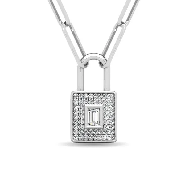 10K White Gold Pavè Diamond Lock With Paperclip Necklace Classic Creations In Diamonds & Gold Venice, FL