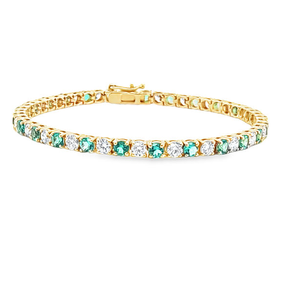 Lab Grown 14K Yellow Gold Emerald and Diamond Line Bracelet Classic Creations In Diamonds & Gold Venice, FL