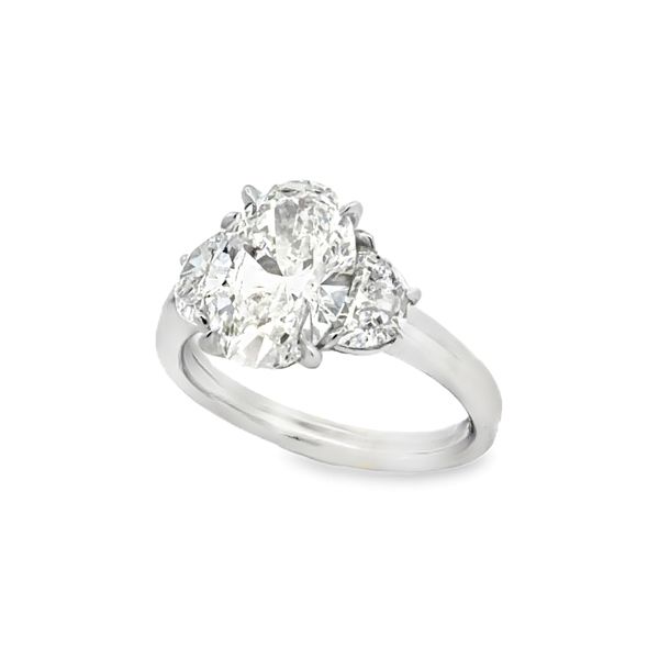 14K White Gold IGI Lab Grown Oval Diamond Three Stone Ring With Half Moon Side Diamonds 3.01Ct. Engagement Ring Classic Creations In Diamonds & Gold Venice, FL