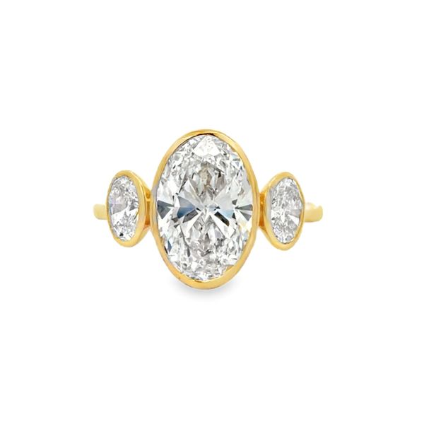 18K Yellow Gold IGI Lab Grown Oval Diamond Three Stone Bezel Set Ring 3.04Ct. Engagement Ring Image 2 Classic Creations In Diamonds & Gold Venice, FL