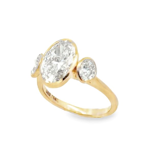 18K Yellow Gold IGI Lab Grown Oval Diamond Three Stone Bezel Set Ring 3.04Ct. Engagement Ring Classic Creations In Diamonds & Gold Venice, FL