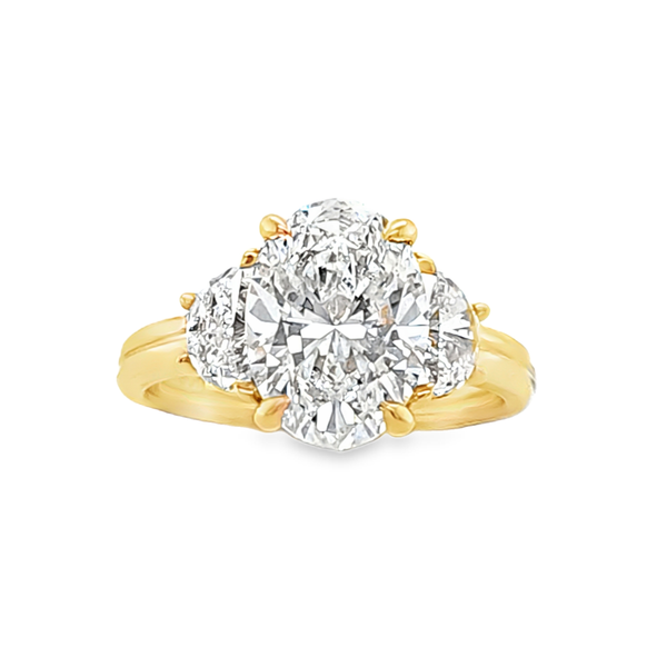 Lab Grown Oval Diamond Three Stone Ring 3.63 CT 14K Yellow Gold IGI Graded Classic Creations In Diamonds & Gold Venice, FL