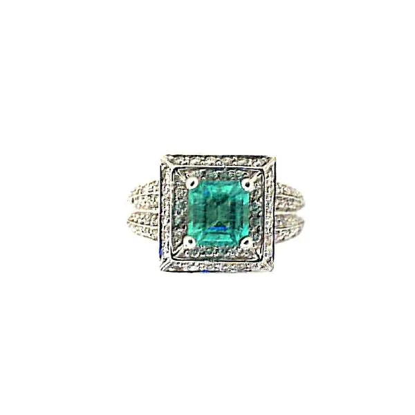 18K White Gold Square, Emerald Cut Emerald And Diamond Halo Ring Classic Creations In Diamonds & Gold Venice, FL