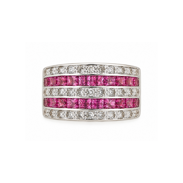 14K White Gold Five Row Pink Sapphire and Diamond Wide Band Ring 2.57 CTW Classic Creations In Diamonds & Gold Venice, FL
