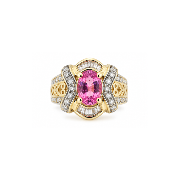 14K Yellow Gold Oval Pink Sapphire and Round Baguette Diamond Accent Ring 1.21 CTW Classic Creations In Diamonds & Gold Venice, FL
