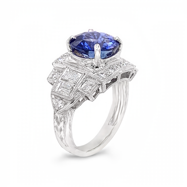 18K White Gold Vintage Inspired Sapphire And Diamond Ring Image 2 Classic Creations In Diamonds & Gold Venice, FL