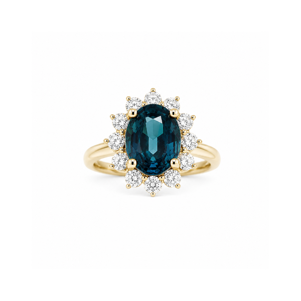 14K White Gold Oval Teal Sapphire And Diamond Halo Ring Classic Creations In Diamonds & Gold Venice, FL