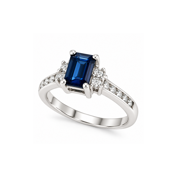 14K White Gold Emerald Cut Sapphire and Diamond Accent Ring with Channel Set Diamond Shank 1.50 CTW Classic Creations In Diamonds & Gold Venice, FL