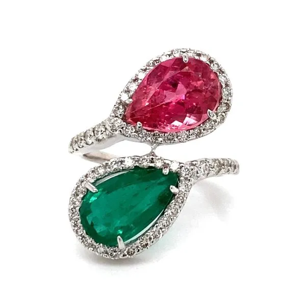 18K White Gold GIA Pear Shaped Emerald, Pink Tourmaline And Diamond Halo Bypass Ring Classic Creations In Diamonds & Gold Venice, FL