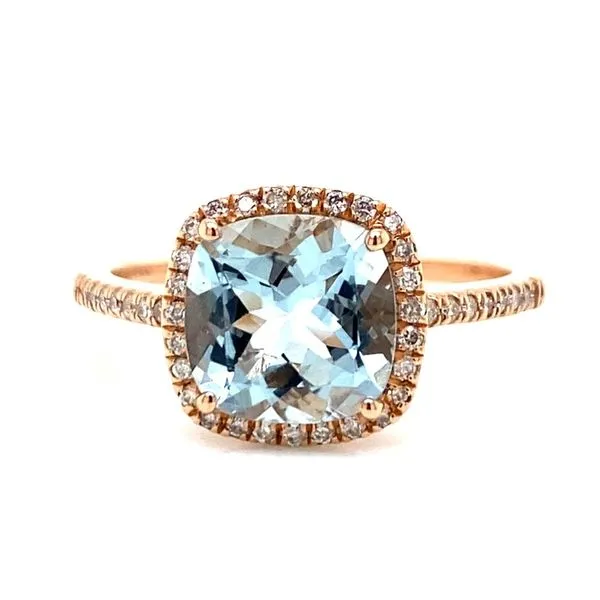 14K Rose Gold Cushion Cut Aquamarine & Diamond Halo Ring Classic Creations In Diamonds & Gold Venice, FL