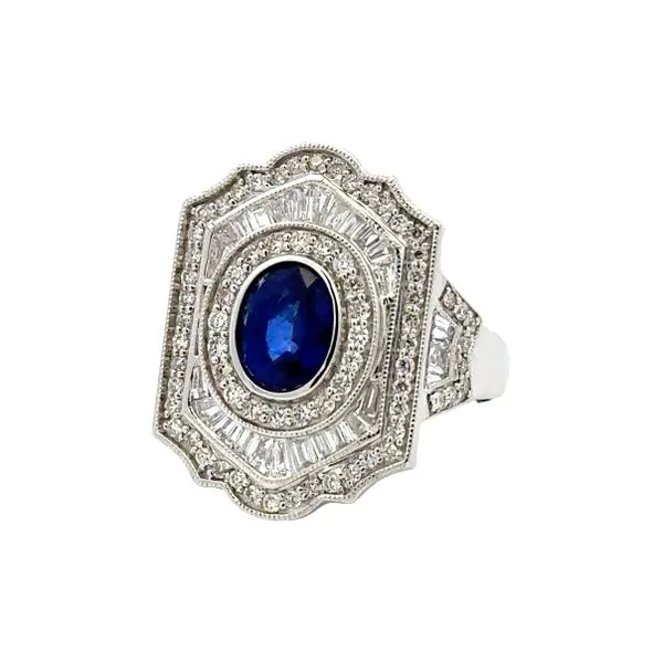 14K White Gold Bezel Set Oval Sapphire With Channel Set Diamond Baguettes And Pavè Diamond Vintage Style Ring Classic Creations In Diamonds & Gold Venice, FL