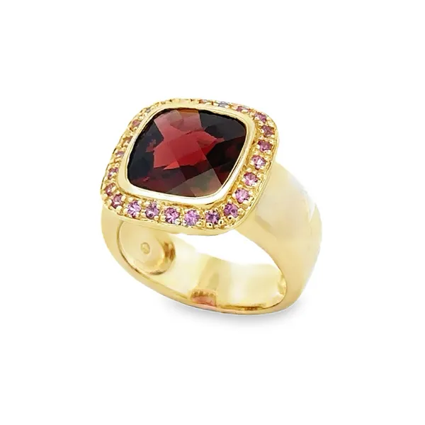 14K Yellow Gold Bezel Set Checkerboard Cut Mozambique Garnet Pink Sapphire Halo Ring Classic Creations In Diamonds & Gold Venice, FL