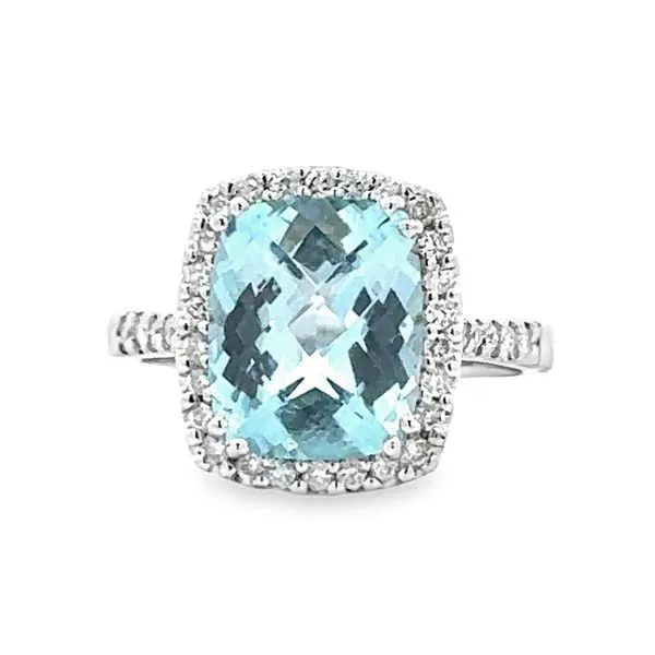 Checkerboard Top Blue Topaz & Diamond Halo  Ring Image 2 Classic Creations In Diamonds & Gold Venice, FL