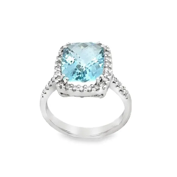 Checkerboard Top Blue Topaz & Diamond Halo  Ring Image 3 Classic Creations In Diamonds & Gold Venice, FL