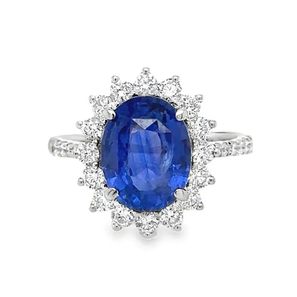 18K White Gold GIA Oval 4.0ct. Sapphire And Diamond Halo Ring Classic Creations In Diamonds & Gold Venice, FL