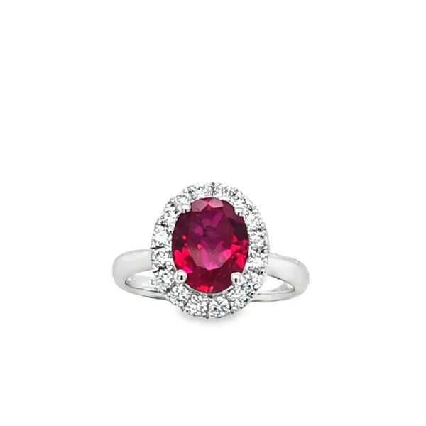 14K White Gold Lab-Grown 2.77ct.  Oval Ruby And Lab-Grown Diamond Halo Ring D.42ct. 2.5 DWT. Classic Creations In Diamonds & Gold Venice, FL