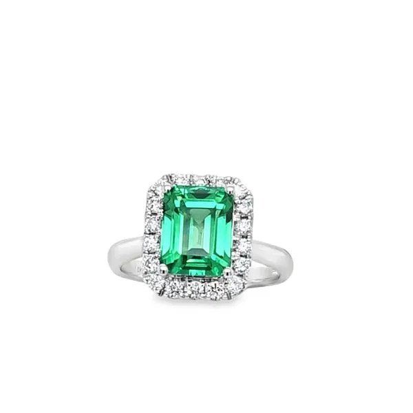 14K White Gold Lab-Grown 4.26ct. Emerald Cut Emerald And Lab-Grown Diamond Halo Ring D.38ct., 2.8 DWT. Classic Creations In Diamonds & Gold Venice, FL
