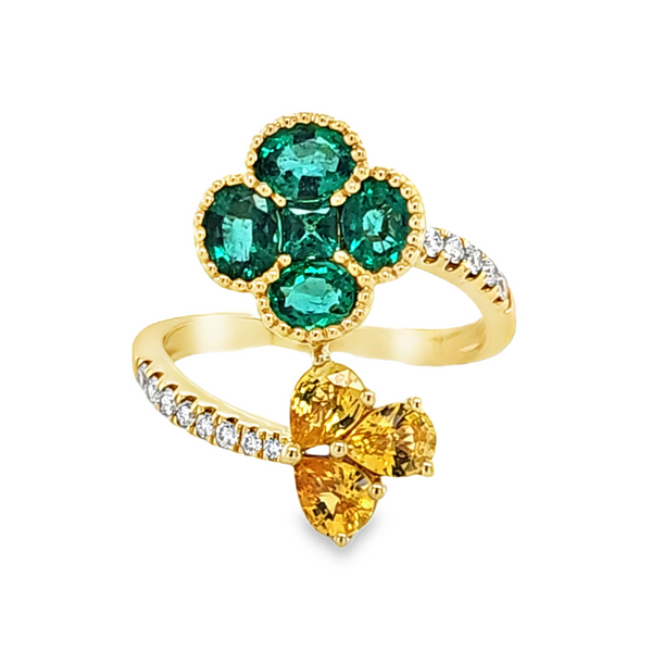 18K Yellow Gold Emerald Yellow Sapphire and Diamond Bypass Ring – 0.90ct Emerald, 0.77ct Yellow Sapphire, 0.18ct Diamond Classic Creations In Diamonds & Gold Venice, FL