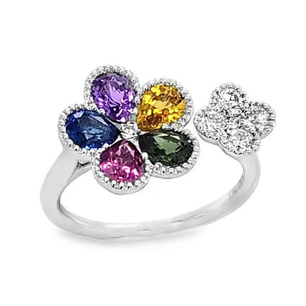 18K White Gold Colored Sapphire and Diamond Clover Cuff Ring – 1.94ct Sapphire, 0.35ct Diamond Classic Creations In Diamonds & Gold Venice, FL