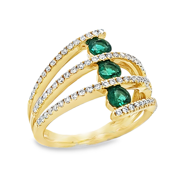 14K Yellow Gold Colombian Emerald and Micro Pave Diamond Bypass Ring | 1.04 CTW Classic Creations In Diamonds & Gold Venice, FL