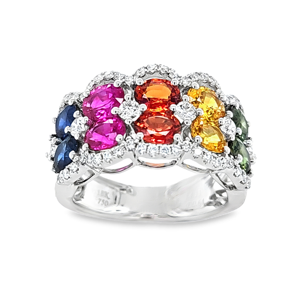 18K White Gold Multi-Color Rainbow Sapphire and Diamond Band 4.97ct | Wide Ring 11.7mm Classic Creations In Diamonds & Gold Venice, FL