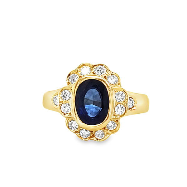 18K Yellow Gold Sapphire and Diamond Bezel Set Ring 1.50 CT Classic Creations In Diamonds & Gold Venice, FL