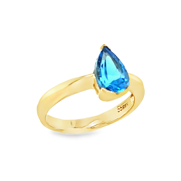 14K Yellow Gold Pear Blue Topaz Half Bezel Set Ring 9 x 6 mm Classic Creations In Diamonds & Gold Venice, FL