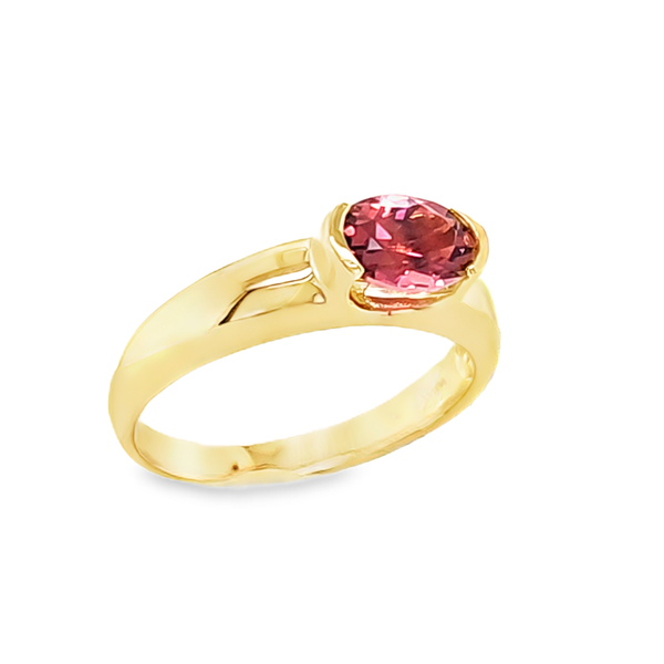 14K Yellow Gold Oval Pink Topaz Half Bezel Set Ring 7 x 5 mm Classic Creations In Diamonds & Gold Venice, FL