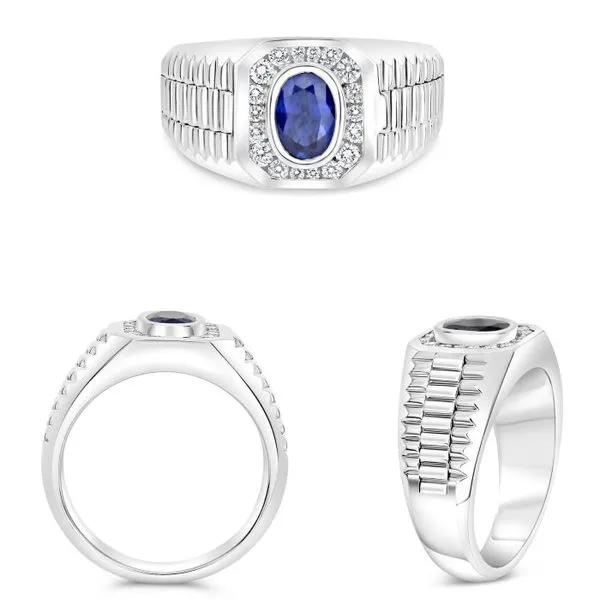 Men's Roman And Jules Bezel Set Oval Sapphire And Diamond Halo Ring Classic Creations In Diamonds & Gold Venice, FL