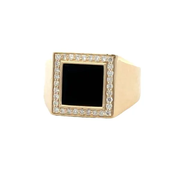 Men's 14K Yellow Gold Bezel Square Cushion Black Onyx & Diamond Halo Ring Classic Creations In Diamonds & Gold Venice, FL