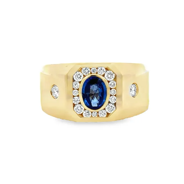 Men's 14K Yellow Gold Oval Sapphire Bezel Set With Diamond Halo Rectangular Top Ring Classic Creations In Diamonds & Gold Venice, FL