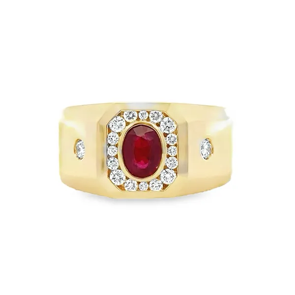 Men's 14K Yellow Gold Oval Ruby Bezel Set With Diamond Halo Rectangular Top Ring Classic Creations In Diamonds & Gold Venice, FL