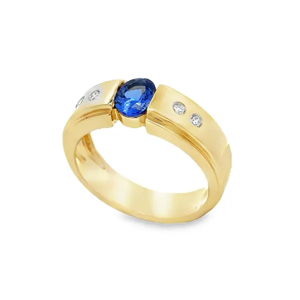 Men's 14K Yellow Gold Oval Tanzanite Burnished Set With Diamond Accents Ring Classic Creations In Diamonds & Gold Venice, FL