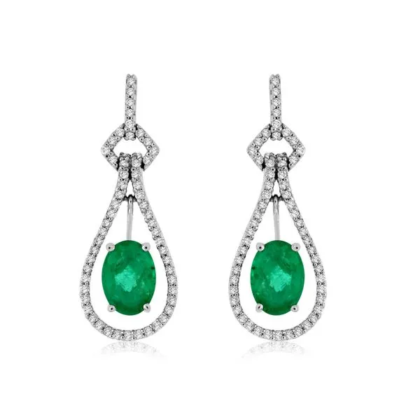 14K White Gold Oval Emerald & Diamond Door Knocker Earrings Classic Creations In Diamonds & Gold Venice, FL