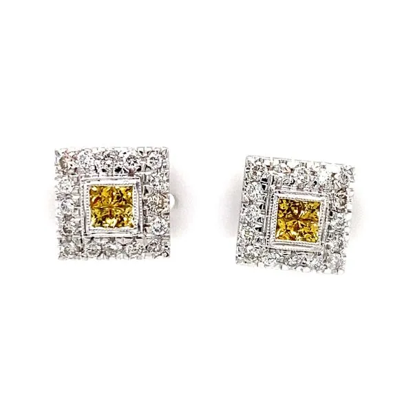 18K White Gold Yellow Sapphire Invisibly Set Pavè Diamond Square Halo Stud Earrings Classic Creations In Diamonds & Gold Venice, FL