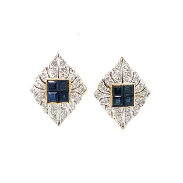 18K Two-Toned Invisibly Set Sapphire Pavè Diamond Filigree Milgrain Earrings Classic Creations In Diamonds & Gold Venice, FL
