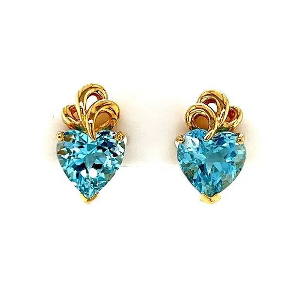 14K Yellow Gold Heart Aquamarine Fancy Basket Setting Stud Earrings Classic Creations In Diamonds & Gold Venice, FL