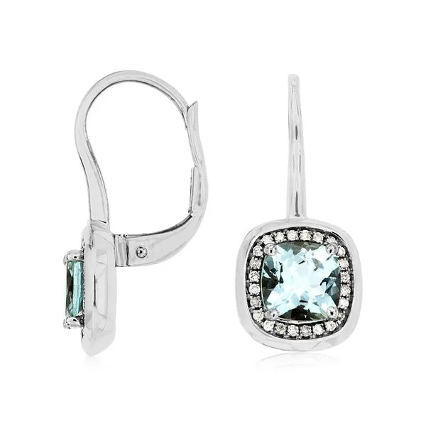 Cushion Cut Aquamarine & Diamond Halo Lever Back Earrings Classic Creations In Diamonds & Gold Venice, FL