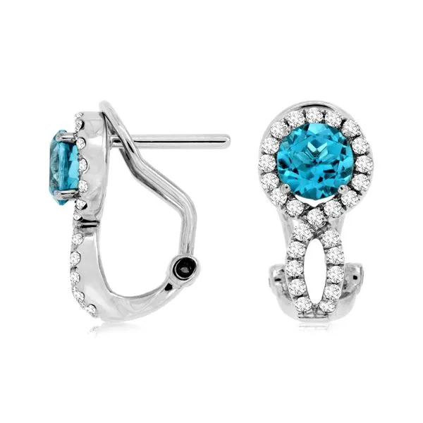 Swiss Blue Topaz & Diamond Halo Omega Back Earrings Classic Creations In Diamonds & Gold Venice, FL