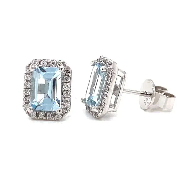 Emerald Cut Aquamarine & Diamond Halo Stud Earrings Classic Creations In Diamonds & Gold Venice, FL